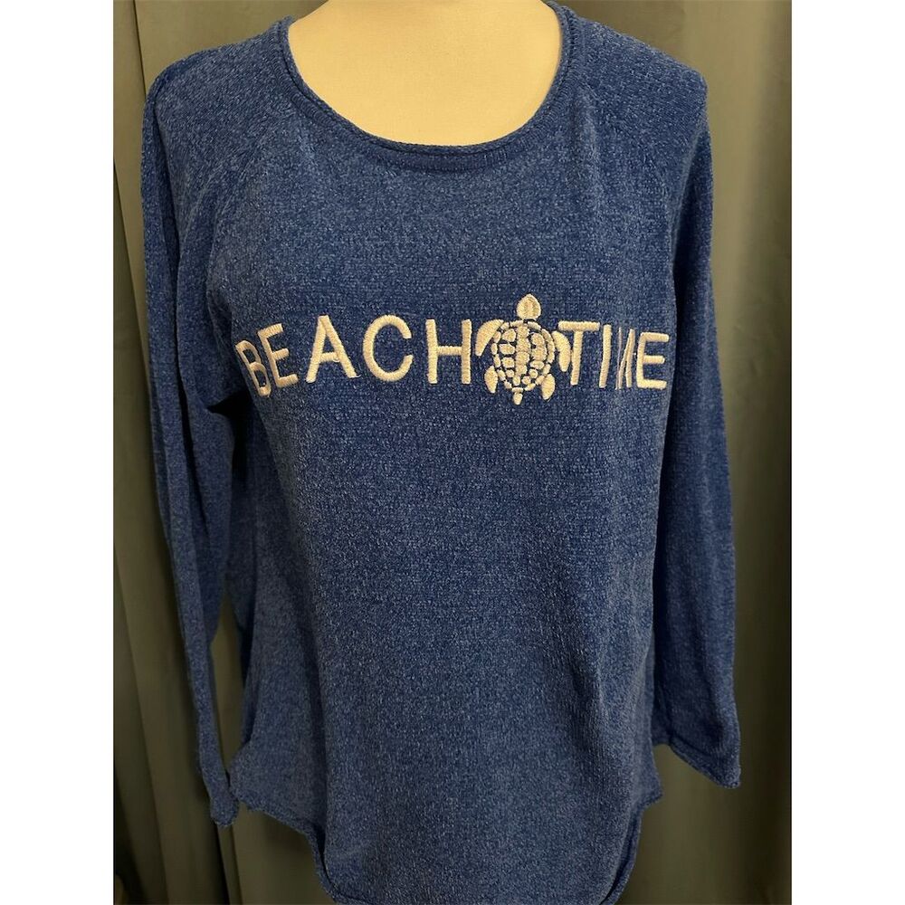 Breezes Women's Blue Chenille Embroidered Pullover Sweater Size L